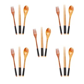 PrintSupremacy 3-Piece Japanese Wooden Utensil Set Spoon Fork and Chopsticks with Floral Pouch, Foodie Travel Novelty Business, Souvenir Ideas for Advertising Housewarming Wedding (5 Set, Plain)