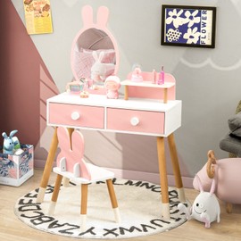Costzon Kids Vanity, Girls Vanity Set with Mirror & Stool, 2 Large Drawers, Storage Shelf, Wooden Princess Makeup Dressing Table, Kids Vanity Table and Chair Set (Pink)