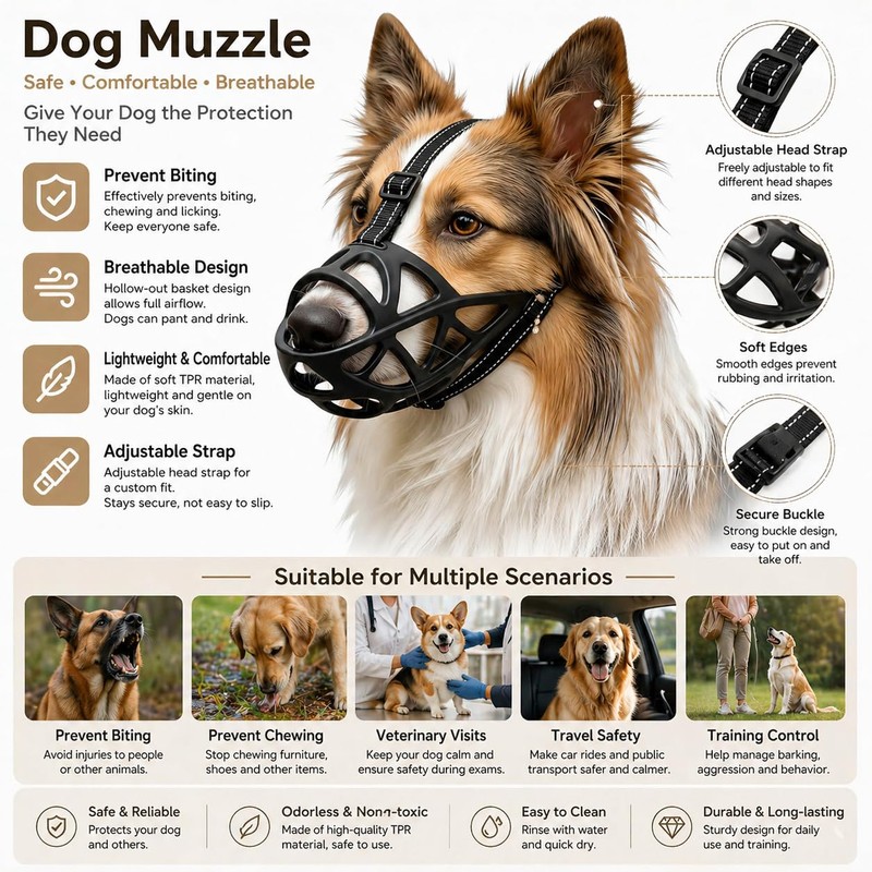 Dog Muzzle, Adjustable Pet Mask with Reflective, Breathable Pet Mask