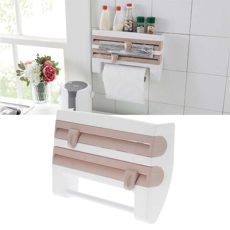 Plastic Wrap Storage Rack Cling Film Dispenser Cutter Paper Towel