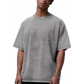 Adenorah Mens Short Sleeve Summer Tops Womens Oversized Tshirts Basic Cotton Vintage Acid Heavyweight Plain Tees, Grey, X-Large