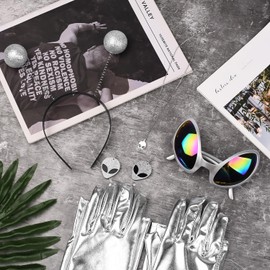 Lezevn 5 Pieces Alien Accessory Alien Ball Boppers Headband Silver Long Gloves Earrings Glasses Necklace Alien Cosplay Costume Accessories