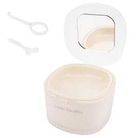 Denture Bath Case with Mirror, False Teeth Container Cups Holder for Storage Soaking Travel Cleaning, Mouth Guard Retainer Case Kit with Strainer Basket, Removal Tool and Cleaning Brush (White)