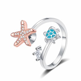 craftsmanscore Starfish Sea Turtle Fidget Ring，Anti Anxiety Fidget Spinner Ring Copper Anxiety Relief Items Summer Beach Rings for Women (Blue turtle)