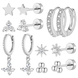 Zygc 6 Pairs Stainless Steel Earrings Premium Silver Flat Back Stud Earrings for Women Men Multiple Style Lightweight Dainty Trendy Jewelry Star Triangle Sun Ball Dangle Huggie Hoop Earrings Stacks