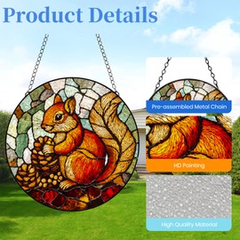 Stained Glass Suncatcher Squirrel and Pinecones Handmade Window Hangings Colored Glass Suncatcher Crafts Kits for Indoor Garden Christmas Decoration 16x16cm-1