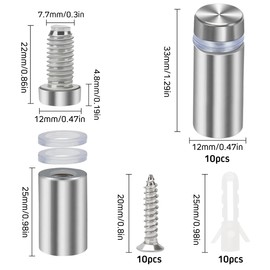 YIXISI 10 PCS 12×30 mm Stainless Steel Advertising Screw, Standoff Fixings, Stainless Steel Sign Standoff Screws, with Screws, for Advertisement Fixings, Silver