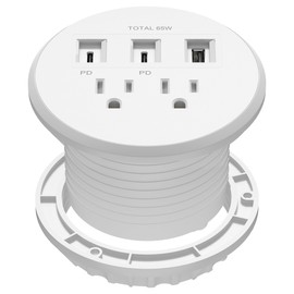 LIDER PD 65W GaN Technology Desktop Power Grommet, Power Delivery, USB-A and 2 USB-C Ports, Tamper-Resistant Receptacles, Self-Close Cover, Desk Charging Station, White, 6.5ft Cord, ETL Listed