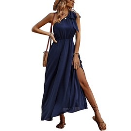 IFFEI Summer Dresses for Women 2025 Boho One Shoulder Maxi Dress Casual Sleeveless Flowy Split Beach Long Dress M Navy