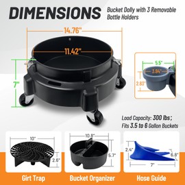 ROBLOCK 5 Gallon Bucket Dolly Roller with Dirt and Grit Traps Insert, Car Hose Guide, Bucket Tool Organizer, 3 Removable Bottle Holders, 5-in-1 Car Wash Kit for Cleaning Detailing Carrying