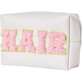 Portable Makeup Bag Pu Leather Cosmetic Bag Waterproof Travel Organizer Zipper Pouch Storage Purse for Women (White, 18 * 7 * 11CM)