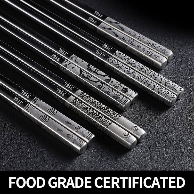 5 Pairs Metal Chopsticks, 316 18/10 Stainless Steel Chopsticks with