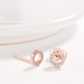 Minimalist Geometric Mini Stud Earrings for Women Second Hole Sensitive Ear Fashion Tiny Huggie Cubic Zirconia Post Hypoallergenic Gifts for Best Friend Birthday (Circle Rose Gold)