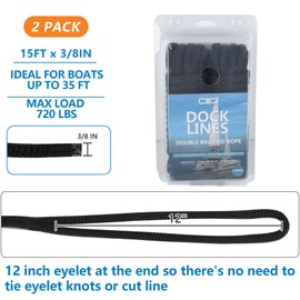 Dock Lines 15' x 3/8" Double Braided Marine Mooring Ropes 2 Pack, Dock Rope 8 Colors Boat Ropes for Docking with 12'' Eyelet Premium Dock Lines for Boats - Black