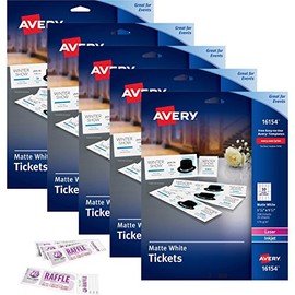 Avery Printable Tickets with Tear-Away Stubs White 1 3/4" Width x 5 1/2" Length - Laser, Inkjet - 20/Sheet - 5/Carton (16154CT)