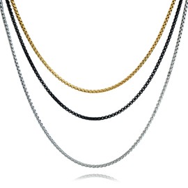 Lamciaga 3 Pcs Chain Necklace for Men，3mm Silver Black Gold Stainless Steel Chains Jewelry Gifts for Mens Boys Womens Box Chain 18"/20"/24 Inches 24.0 Inches