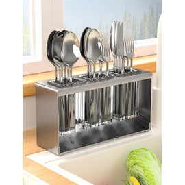 Hosoncovy Countertop Cutlery Drying Holder Cutlery Drainer Tableware Holder Box Tabletop Separated 3 Cups Fork Chopstick Kitchen Storage Cutlery Utensil Organizer (Black)