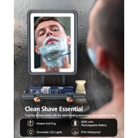 Widitn Lighted Shower Mirror Fogless for Shaving, Heated Fogless Shower Mirror with 3 Colors Stepless Dimmable Lights, Rechargeable Adjustable Shaving Mirror with Razor Stand, Brush Holder for Men