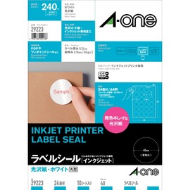 A-One 29223 Inkjet Label Stickers, Glossy Paper, A4, 10 Sheets, Round 1.6 inches (40 mm), 24 Labels/Sheet
