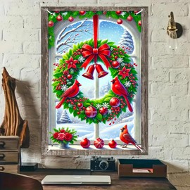 BlissYard Christmas Window Decorations 32×47 Inch Christmas Window Cover Traditional Wreath Large Red Bell Pinecones Snowy Scene Whimsical Windows Silhouette for Indoor Outdoor Holiday Party Decor