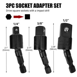 Hymnorq 3PC Wobble Socket Adapters, 360 Degree Rotatable Universal Joint Swivel Socket Set, 1/4 Inch Hex Shank to 1/4 3/8 1/2 Square Socket Drives, CR-V Steel Black Oxide Finish, for Narrow Workplace