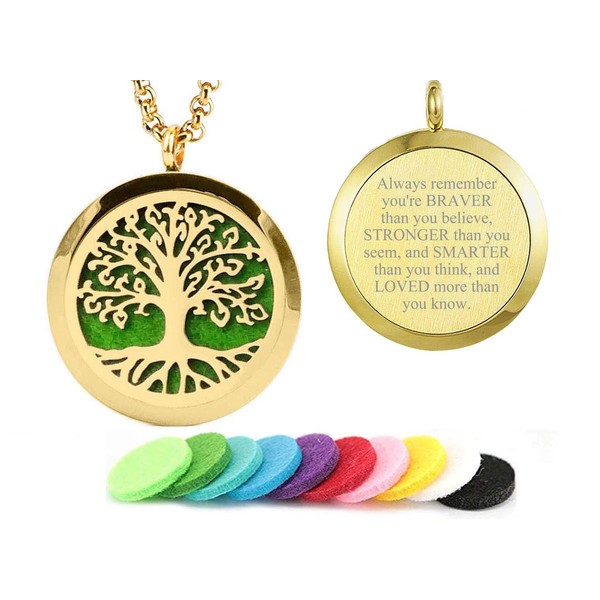 GFONDINGD Gold Tree of Life Pendant Essential Oil Diffuser Necklace - Aromatherapy Jewelry - Hypoallergenic 316L Surgical Grade Stainless Steel, 23.8" Chain + 10 Washable Insert Pads
