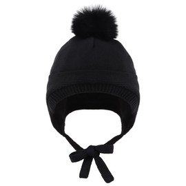 Basic Winter Baby Boys Beanie Gloves Knitted Girls Hat With Pompom Earflap Warm Fleece Lining Kids Hats Mittens (Black(Hat+Glove), 2-5 Years)