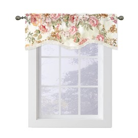 Summer Flower Peony Floral Curtains, Rod Pocket Kitchen Window Valances with Tassel, Watercolor Leaf Curtains for Living Room Oil Painting Style Abstract Window Valance 54x18In