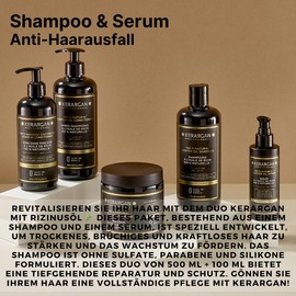 Kerargan - Duo Anti-Haarausfall Shampoo und Serum mit Rizinusöl für trockenes, brüchiges und lebloses Haar - Stärkt und fördert das Wachstum - Ohne Sulfate, Parabene und Silikone - 500ml + 100ml