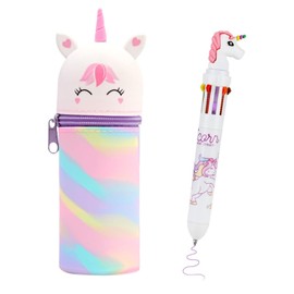 LandReCol Set of 2 Pencil Cases Girls 2-in-1 Kawaii Pencil Case Unicorn & 10 Colours Roller Ball Multicoloured Pen Set for School/Office/Children - Learning Supplies with Zip