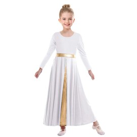 ZYACTU Girls Long Sleeve Praise Dance Dress Metallic Gold Liturgical Worship Costume Lyrical Costumes Church Robe Tag 140,White, 9-10 Years
