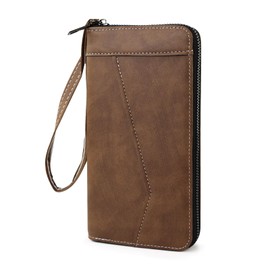 AfitLulu Long Mens Wallets Faux Leather Men's Wallets with Zip and Wrist Strap, Multi Card Slot Mens Leather Purse Portable Wallet for Men with 8 Card Slots and Zip Coin Pocket (Brown)
