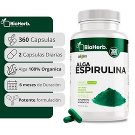 BioHerb® | Espirulina Orgánica 100% Pura | 360 Cápsulas | Superalimento de Origen Natural | Suplemento Alimenticio | Suministro Prolongado | Calidad P