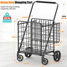 455lbs Shopping Cart for Groceries, Large Heavy Duty Grocery Cart on Wheels, Folding Dual Basket Utility Carts with Waterproof Liner, Shopping Carts for Transport, Laundry, Gift, Luggage