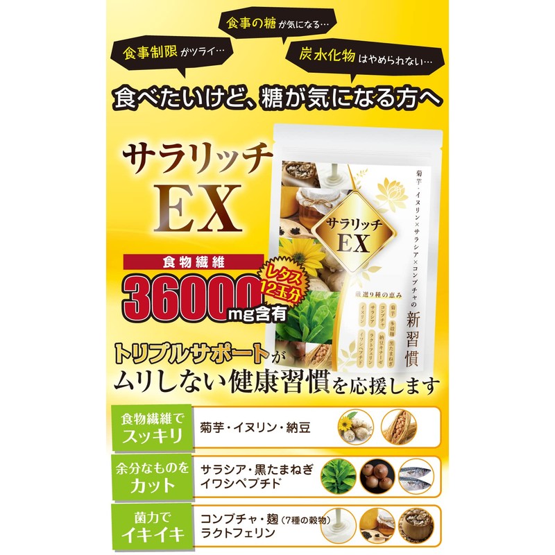 菊芋 イヌリン サラシア コンブチャの新習慣 麹 サラリッチEX イヌリン 36000mg 厳選9種配合 180粒