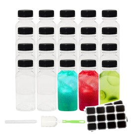 BiBOTLSFLY 250ml 20 Pack Plastic Juice Bottles with Black Lids, Reusable Bulk Beverage Containers for Storing Juices, Milk, Smoothie and Other Homemade Beverages