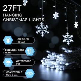 suddus Christmas Snowflake Lights Outdoor, 27.1ft 168 LED Connectable Holiday String Lights Plug in with 14 Drops, Hanging Icicle Lights for Outside, Eaves, House, Window, Yard, Indoor Decor, White