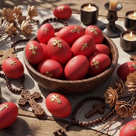 12 Pcs Ceramic Traditional Greek Orthodox Easter Red Eggs with Religious Cross Painted Eggs Ukrainian Basket Gift for Holy Saturday Egg Hunt Crafts Bowl Basket Fillers Home Party Decor