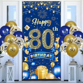 Rumia 80th Birthday Party Decorations for Men Navy Blue Gold Happy Banner with 18pcs Balloons Door Cover Backdrop Women Anniversary Sign Porch Decor Supplies