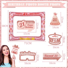 Rose Gold 21st Brithday Party Decorations for Girls Boys,Giant Inflatable Selfie Frame 21st Birthday Photo Booth Frame with 32pcs 21st Birthday Photo Booth Props for Girl Lady Her 21st Birthday Gifts