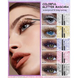 Black Glitter Mascara,Shimmer Sparkle Diamond Colored Mascara for Eyelashes Define Long Lasting Curling,Multi-Use Shimmer Voluminous Colorful Máscara Party Stage Use Eyes Makeup for Women-05