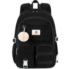 School Backpack for Teens Girls Women 15.6 Inch Laptop College Backpacks Corduroy Work Bag Kids Elementary Middle High Campus Bookbag Students Back Pack Anti Theft Travel Daypack Womens - Black