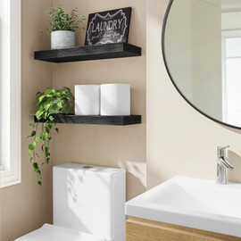 Fixwal Floating Shelves for Wall, 15.7" Wood Wall Mounted Shelves for Living Room, Bedroom, Bathroom and Kitchen, for Storage, Books, Room Decor (Black, Set of 2)