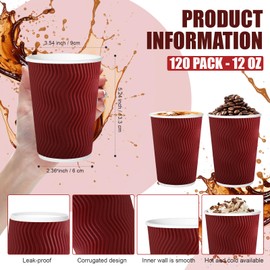 RXLWYUNLAE 120 Pack Paper Coffee Cups, 12 oz Disposable Paper Cups,Corrugated Insulated Ripple Wall, Paper Ripple Cups for Coffee, Hot Chocolate and Hot Tea Drinks - Red