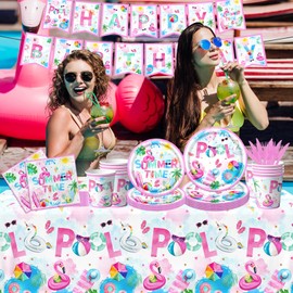 Pool Party Decorations,142pcs Pool Party Supplies Tableware Flamingo Pool Party Plates and Napkins Cups Supplies for Summer Pool Party Birthday Decorations