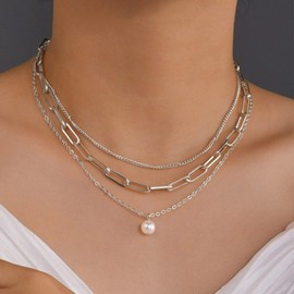 Gold Layered Choker Necklace for Women Girls White Faux Pearl Pendant Necklace Dainty Flat Snake Chain Layering Necklace Valentines Day Gift