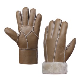 MGGMOKAY Men's Leather Gloves Sheepskin Shearling Warm Winter Gloves, Camel