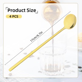 4 PCS 6.7 Inch Gold Plated Stainless Steel Espresso Spoons Tea Spoons Long Handle Stirring Spoons Long Spoons for Stirring Coffee Tea Drinks Mixing Milkshakes Cocktail