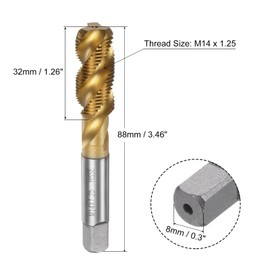 sourcing map Spiral Flute Threading Tap M14 x 1.25, Metric HSS (High Speed Steel) Titanium Plated Machine Thread Screw Tap 4 Flutes Tapping Tool H2 Tolerance