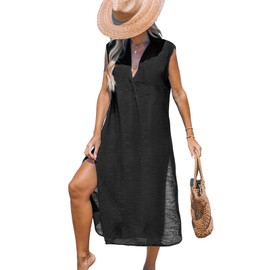 CUPSHE Women's Casual Sleeveless Side Split Long Cardigans V Neck Swimsuit Cover Up Long Beach Dress Black Medium